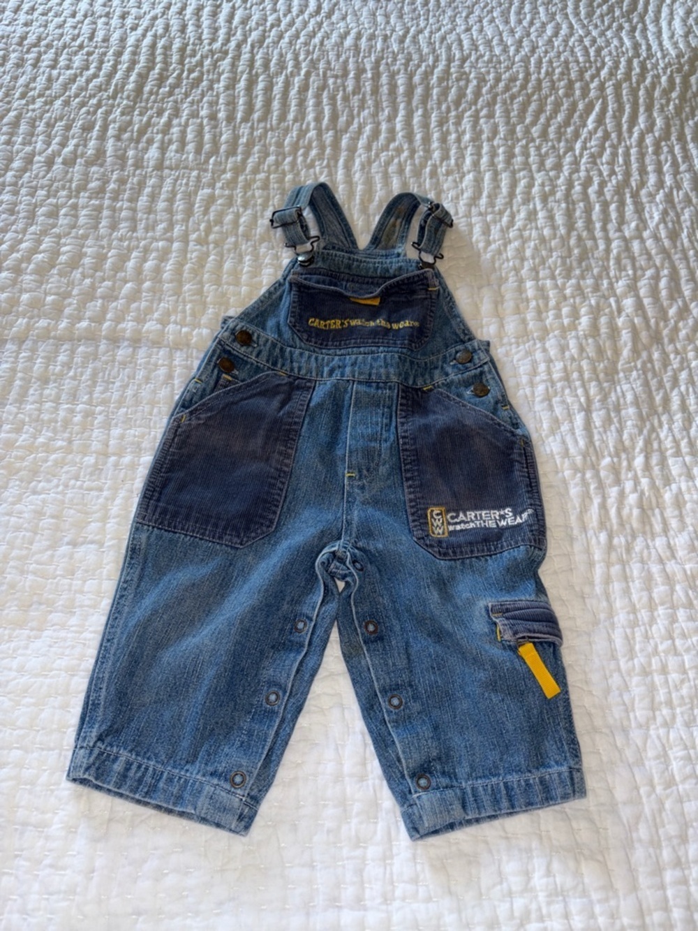 Vintage Boys Carter's Watch the Wear Denim Overalls with Yellow Accent 12mo.
